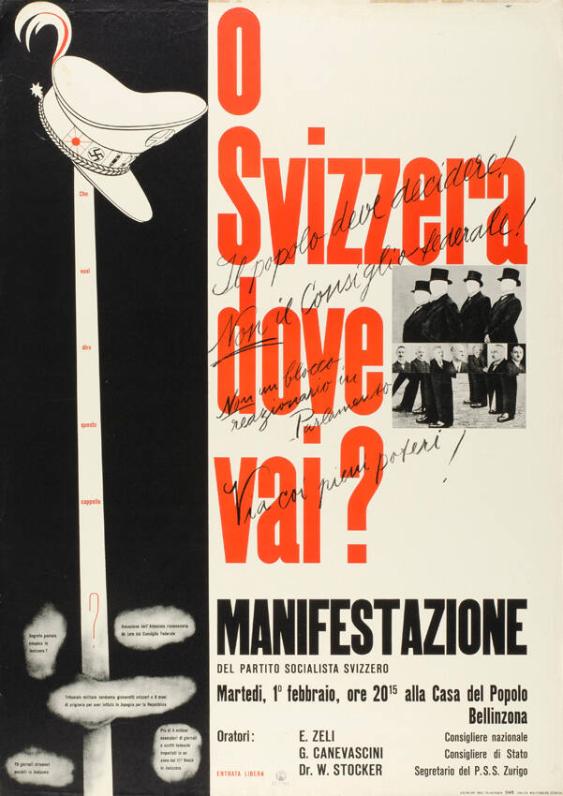 O Svizzera dove vai? - Manifestazione del Partito Socialista Svizzero - Che vuol dire questo cappello? Segreto postale sospeso in Sivzzera? Annezione dell'Abissina riconosciuta de jure dal Consiglio Federala - Tribunale militare condanna giovanotti svizzeri a 8 mesi di prigionia per aver lottato in Ispagna per la Repubblica - 70 giornali svizzeri proibiti in Isvizzera - Più di tre milioni di esemplari di giornali e scritti tedeschi importati in un anno dal III. Reich in Svizzera