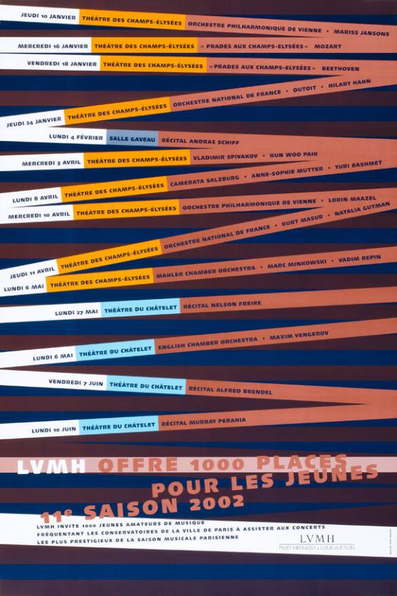 LVMH offre 1000 places pour les jeunes 11e saison 2002 - LVMH invite 1000 jeunes amateurs de musique fréquentant les conservatoires de la Ville de Paris à assister aux concerts les plus prestigieux de la saison musicale parisienne