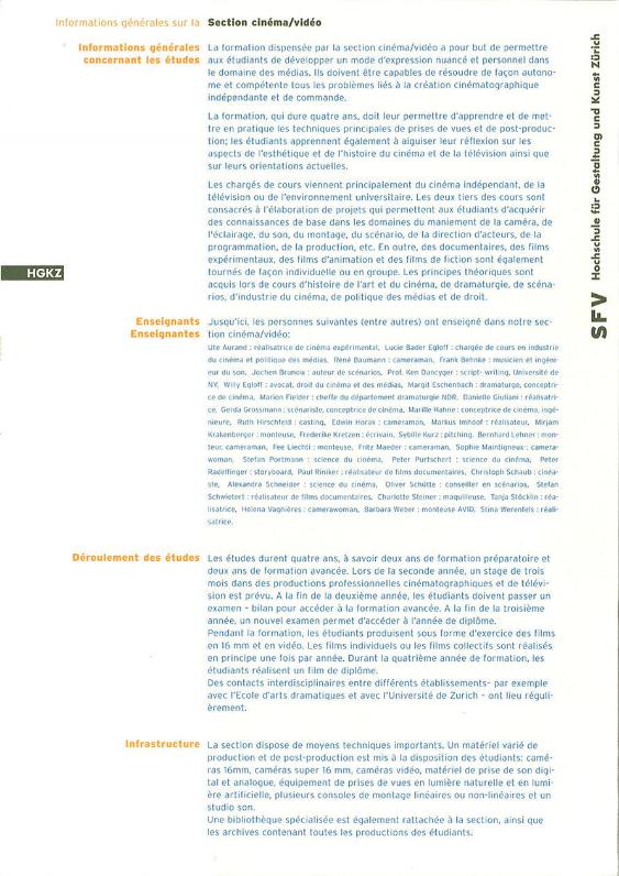 HGKZ, Informations générales sur la section cinéma/vidéo
