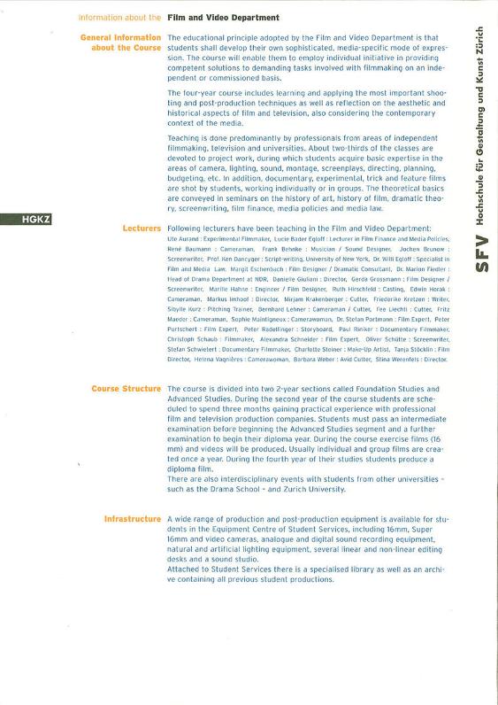 HGKZ, Information about the Film and Video Department
