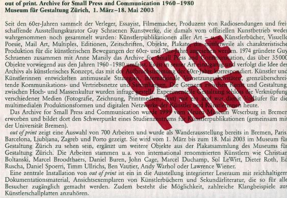 Out of print. Archive for Small Press & Communication 1960-1980