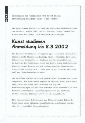 Auschreibung Studiengang Bildende Kunst