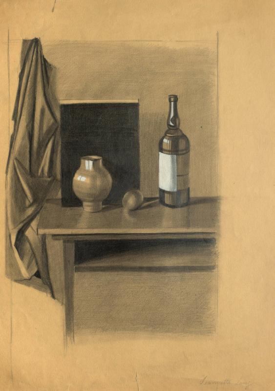 9.1 Stillleben, zeitlich zusammengehörende Arbeiten. Bleistift, Farbstift, Tempera, 9.2 Stillleben. Bleistift, 9.3 Stillleben. Farbstift, 9.4 Stillleben. Tempera