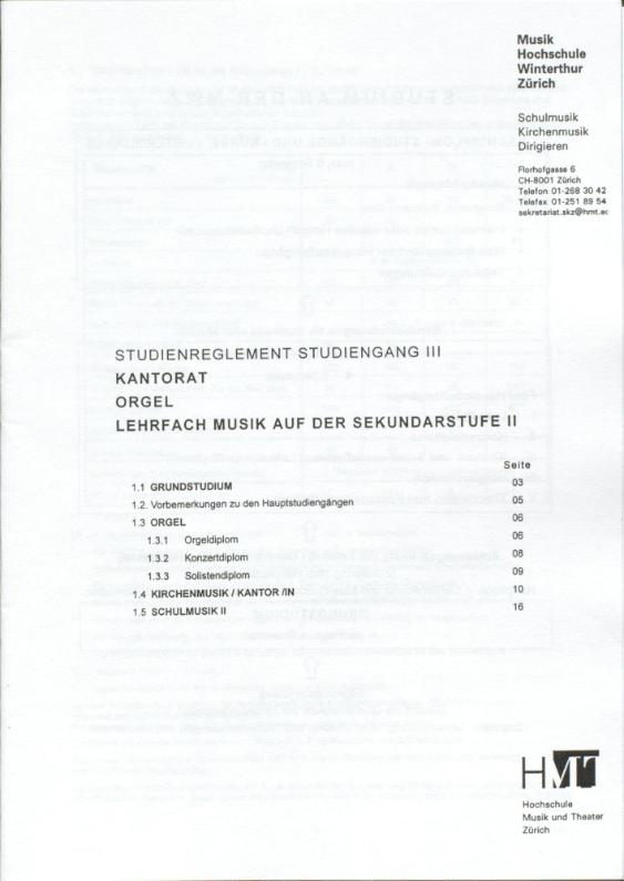 Studienreglement Studiengang III, Kantorat, Orgel, Lehrfach Musik der Sekundarstufe II