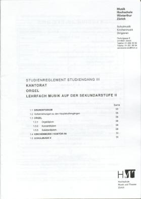 Studienreglement Studiengang III, Kantorat, Orgel, Lehrfach Musik der Sekundarstufe II
