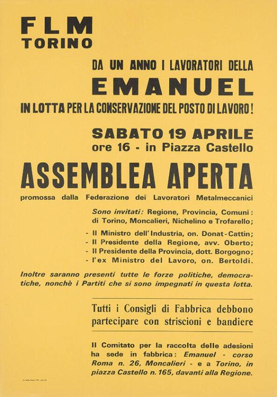 FLM Torino - Da un anno i lavoratori della Emanuel in lotta per la conservazione des posto di lavoro! Sabato 15 aprile - Ore 16 - in Piazza Castello - Assembla aperta