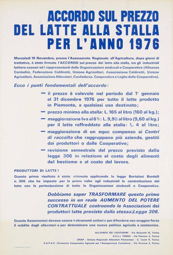 Accordo sul prezzo del latte alla stalla per l'anno 1976