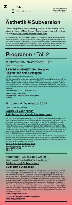 Ästhetik@Subversion, Programm / Teil 2, November 2009 - Januar 2010