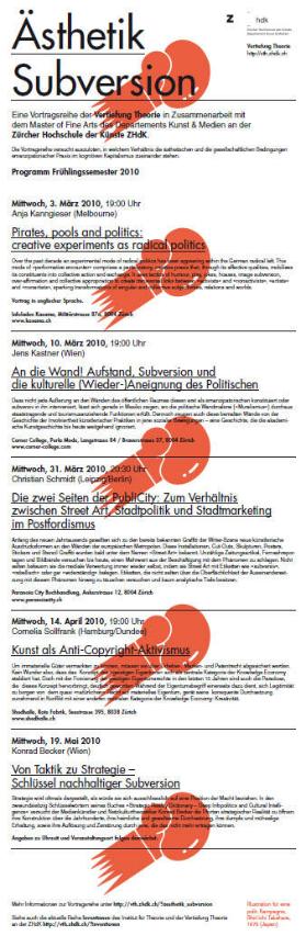 Ästhetik@Subversion, Programm Frühlingssemester 2010