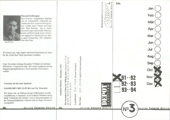 Junges Theater Zürich No 3, Spielplan Oktober-Dezember 1992