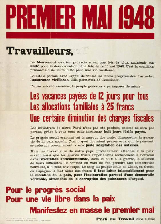 Premier Mai 1948 - Travailleurs, (...) - Pour le progrès social - Pour une vie libre dans la paix - Manifestez en masse le premier mai