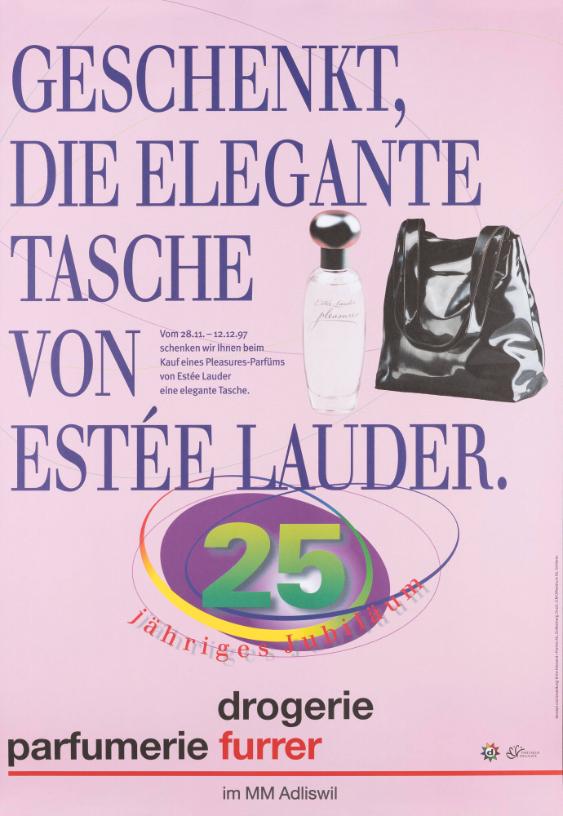 Geschenkt, die elegante Tasche von Estée Lauder. 25 jähriges Jubiläum - Drogerie Parfumerie Furrer