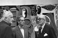 Hans Girsberger, Willy Boesiger und Le Corbusier in der Ausstellung Le Corbusier – Architektur …