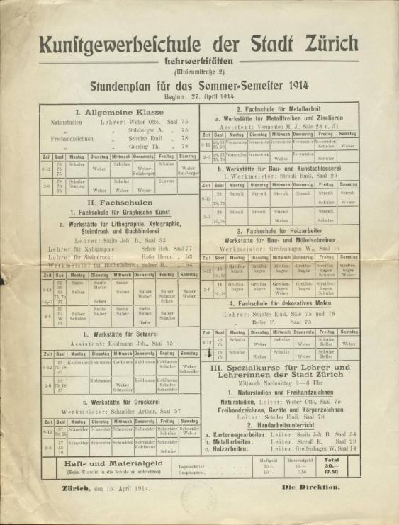 Kunstgewerbeschule der Stadt Zürich, SS 1914