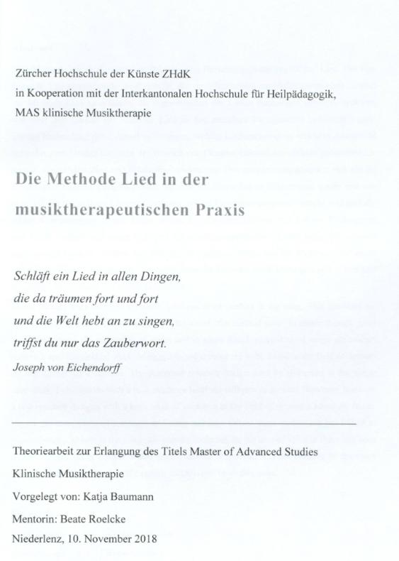 Die Methode Lied in der musiktherapeutischen Praxis