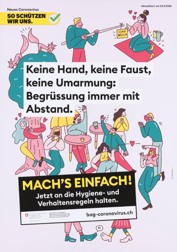 Neues Coronavirus - So schützen wir uns. Keine Hand, keine Faust, keine Umarmung: Begrüssung immer mit Abstand.
