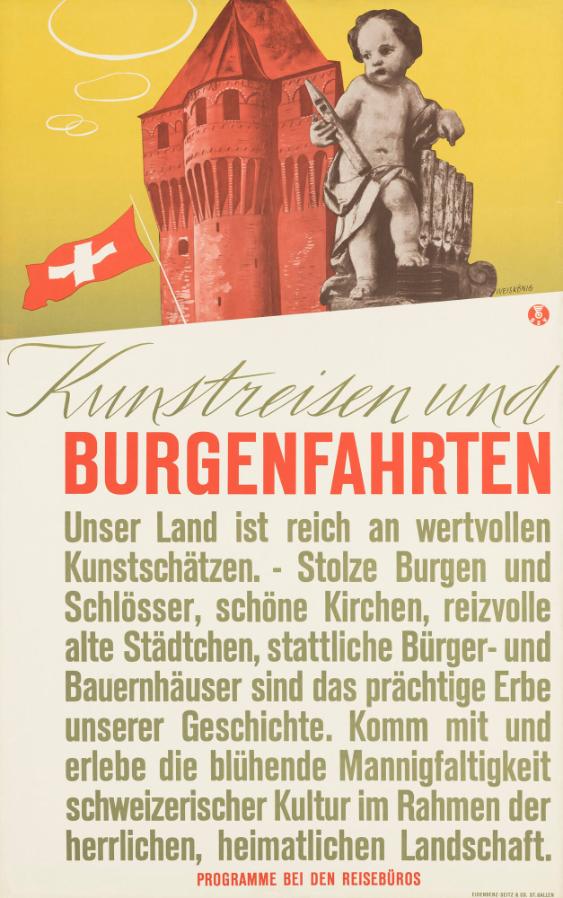 Kunstreisen und Burgenfahrten - Unser Land ist reich an wertvollen Kunstschätzen. Stolze Burgen und Schlösser, schöne Kirchen, reizvolle alte Städtchen, stattliche Bürger- und Bauernhäuser sind das prächtige Erbe unserer Geschichte. Komm mit und erlebe (...) - Progamme bei den Reisebüros