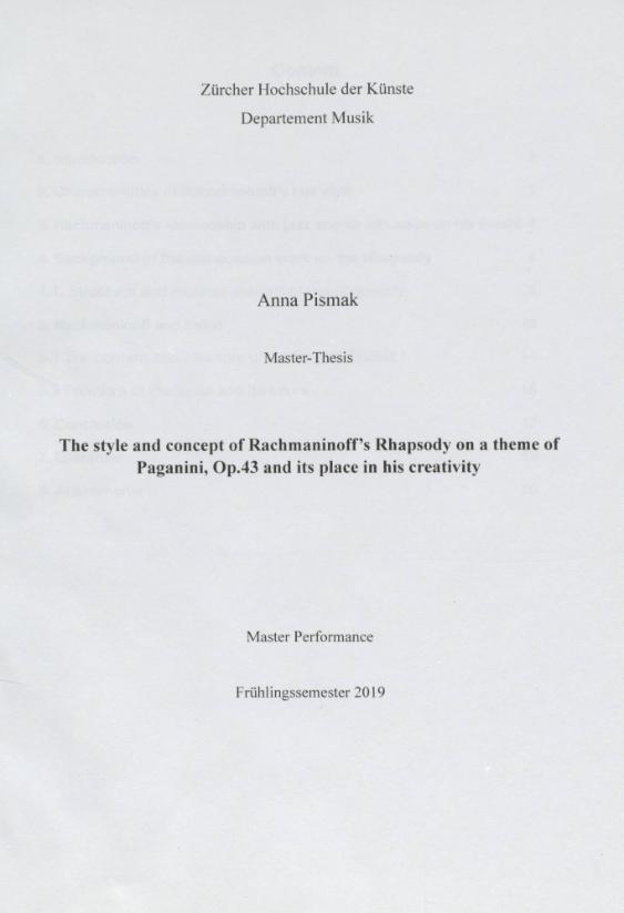 The style and concept of Rachmaninoff's Rhapsody on a theme of Paganini, Op. 43 and its place in his creativity