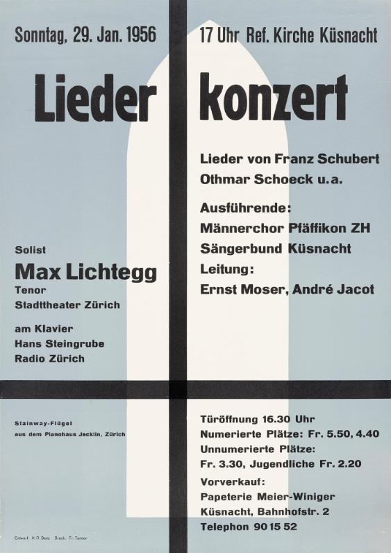 Lieder Konzert - Lieder von Franz Schubert - Othmar Schoeck u.a. - Ausführende: Männerchor Pfäffikon ZH - Sängerbund Küsnacht - Leitung: Ernst  Moser, André Jacot - Solist Max Lichtegg - Tenor Stadttheater Zürich - am Klavier Hans Steingrube Radio Zürich