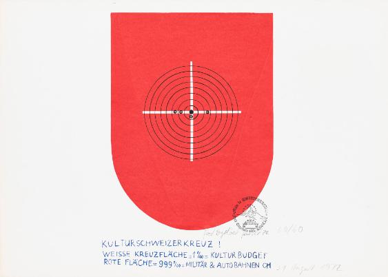 Kulturschweizerkreuz! Weisse: Kreuzfläche = 1 %o = Kulturbudget - Rote Fläche = 999 %o = Militär & Autobahnen CH