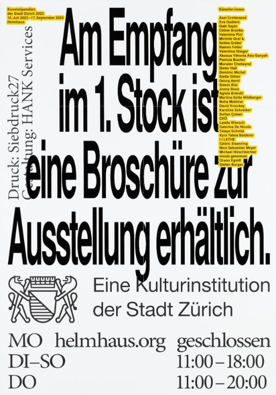 Kunststipendien der Stadt Zürich - Helmhaus - Am Empfang im 1. Stock ist eine Broschüre zur Ausstellung erhältlich. Eine Kulturinstituion der Stadt Zürich