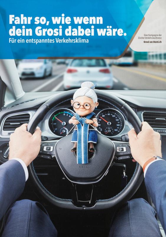 Fahr so, wie wenn dein Grosi dabei wäre. Für ein entspanntes Verkehrsklima - Eine Kampagne der Zürcher Verkehrskonferenz - Grosi-an-Bord.ch