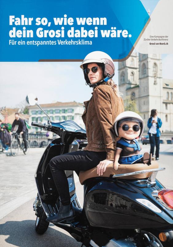 Fahr so, wie wenn dein Grosi dabei wäre. Für ein entspanntes Verkehrsklima - Eine Kampagne der Zürcher Verkehrskonferenz - Grosi-an-Bord.ch