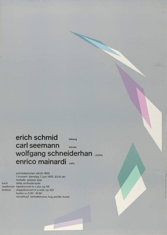 Erich Schmid - Leitung - Carl Seemann - Klavier - Wolfgang Schneiderhan - Violine - Enrico Mainardi - Cello - Bach - Beethoven - Brahms - Juni-Festwochen Zürich 1955