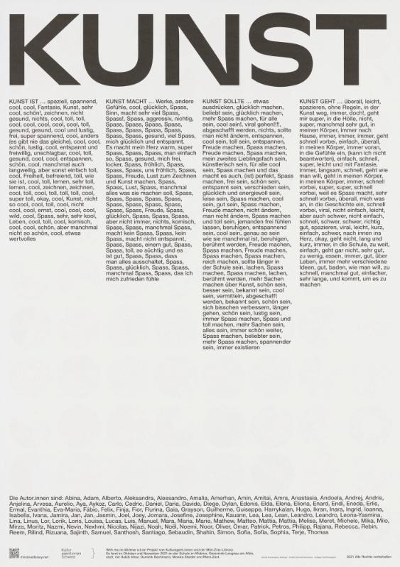 Kunst - Kunst ist ... speziell, spannend, cool, cool, Fantasie, Kunst, sehr cool, schön!, zeichnen, nicht gesund (...) (recto)