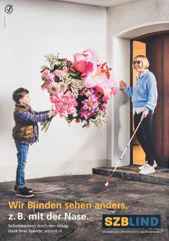 Wir Blinden sehen anders, z.B mit der Nase. Selbstbestimmt durch den Alltag. Dank Ihrer Spende: szblind.ch - SZBLIND