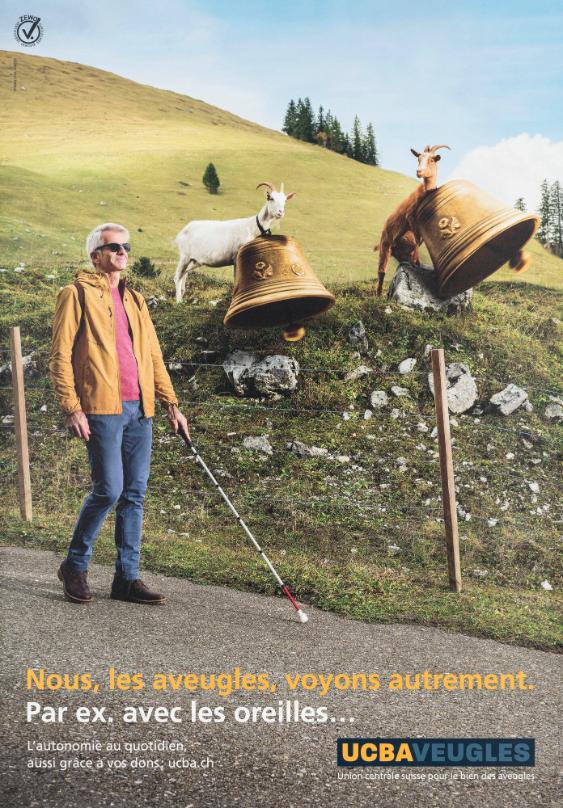 Nous, les aveugles, voyons autrement. Par ex. avec les oreilles... L'autonomie au quotidien, aussi grâce à vos dons: ucba.ch - UCBAVEUGLES