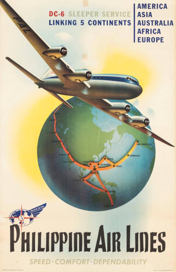 DC-6 Sleeper Service - Linking 5 Continents - America - Asia - Australia - Africa - Europe - Philippine Air Lines - Speed - Comfort - Dependability