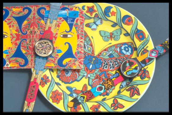 Musterspielel ; Pressefoto 
Armbanduhren "Coloured Love", 1988 und "Stucchi", 1990 ; Aera Robe…