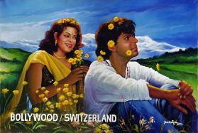 Bollywood-Stars Shahrukh Khan und Juhi Chawla vor schweizer Berglandschaft ; Pressefoto
