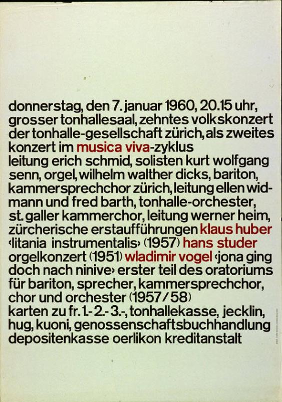 Donnerstag, den 7.Januar 1960, 20.15 Uhr, Grosser Tonhallesaal, zehntes Volkskonzert der Tonhalle-Gesellschaft Zürich, als zweites Konzert im Musica viva-Zyklus - Klaus Huber - Hans Studer - Wladimir Vogel