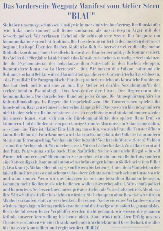 Das Vorderseite Wegputz Manifest vom Atelier Stern "Blau" - Sie haben uns rausgeschmissen. Lustig wie immer (...) (recto)