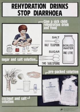 Rehydration drinks stop diarrhoea - Give a sick child rehydration drink and food - sugar and salt solution - pre-packed solution - coconut and salt solution