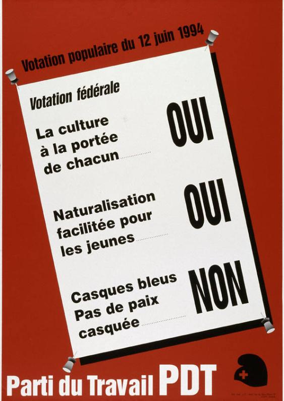 Votation populaire du 12 Juin 1994 - Votation fédérale - La culture à la portée de chacun, Oui - Naturalisation facilitée pour les jeunes, Oui - Casques bleus. Pas de paix casquée, Non - Parti du Travail PDT