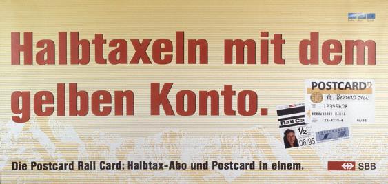 Halbtaxeln mit dem gelben Konto. - Die Postcard Rail Card: Halbtax-Abo und Postcard in einem. - SBB