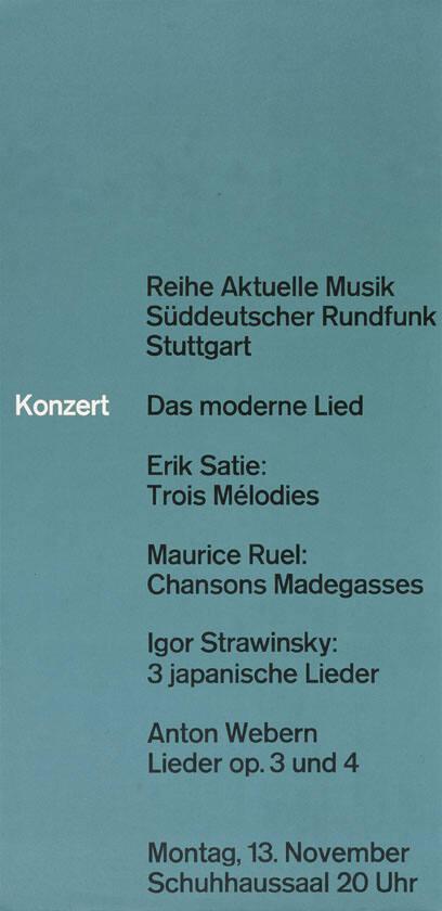 Konzert - Das moderne Lied - Reihe Aktuelle Musik - Süddeutscher Rundfunk Stuttgart - Montag, 13. Nov. (...)
