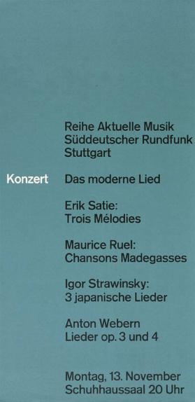 Konzert - Das moderne Lied - Reihe Aktuelle Musik - Süddeutscher Rundfunk Stuttgart - Montag, 13. Nov. (...)