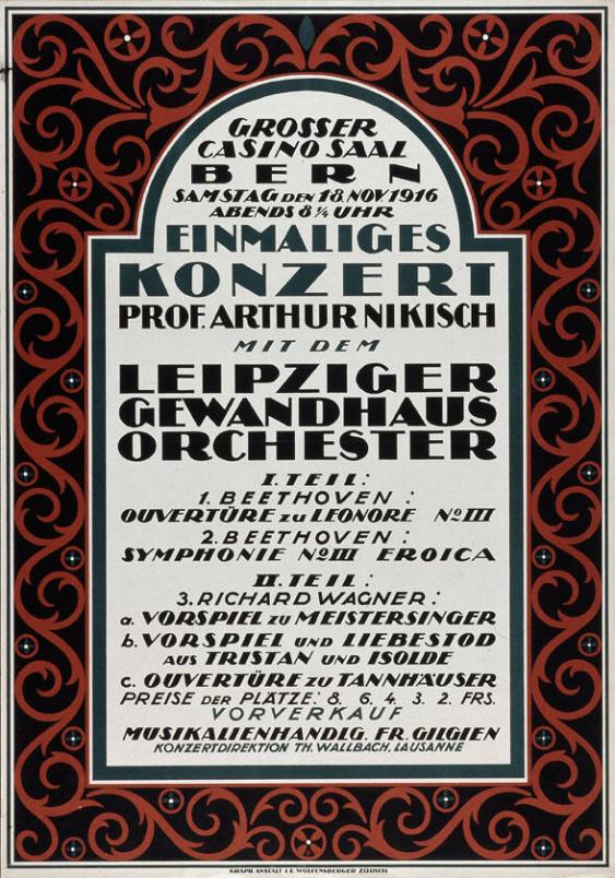 Grosser Casino Saal Bern - Einmaliges Konzert - Prof. Arthur Nikisch mit dem Leipziger Gewandhausorchester