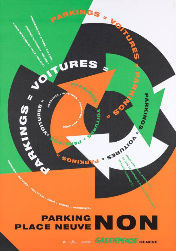 parkings = voitures = pollution = bruit = stress = accidents: Parking Place Neuve - Non - Greenpeace Genève