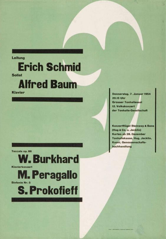 Donnerstag - 7. Januar 1954 - 20.15 Uhr - Grosser Tonhallesaal - 12. Volkskonzert der Tonhalle-Gesellschaft - Leitung - Erich Schmid - Solist - Alfred Baum