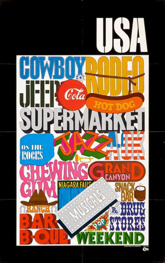 USA - Cowboy - Rodeo - Jeep - Cola - Hot dog - Supermarket - On the rocks - Jazz - Chewing Gum  - Ranch - Drug Sores - Pop - Snack Bar - Grand Canyon - Musicals - Niagara Falls - Bar-B-Que - Weekend