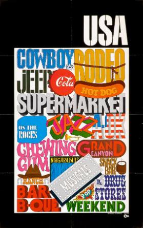 USA - Cowboy - Rodeo - Jeep - Cola - Hot dog - Supermarket - On the rocks - Jazz - Chewing Gum  - Ranch - Drug Sores - Pop - Snack Bar - Grand Canyon - Musicals - Niagara Falls - Bar-B-Que - Weekend