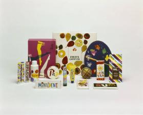 Smarties, Uster Strümpfe, Sun spray, Pap, Minident, Fruits Confits, Erka, Voro, Cocktail, [Puderdose], [Pralinen Palette], Sun Tan, Rum, Narok