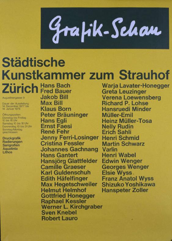 Grafik-Schau - Städtische Kunstkammer zum Strauhof - Hans Bach - Fred Bauer - (...)