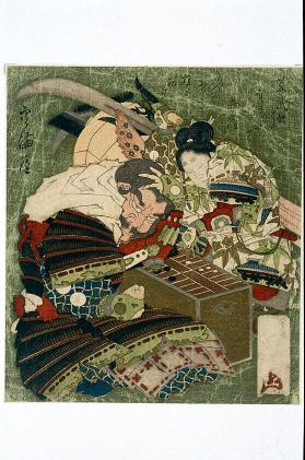 [Ushiwakamura verteidigt Benkei in einem Sugoroku-Spiel]